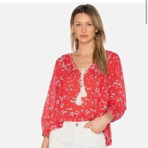 NWT Free People Never A Dull Moment Blouse Coral Red Peasant Floral Top XS